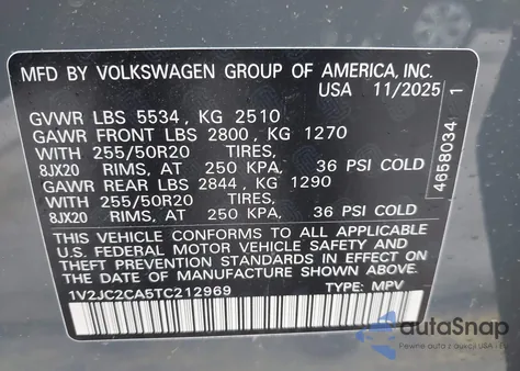 2026 Volkswagen Atlas Cross Sport Se With Technology из США, поврежденный, VIN 1V2JC2CA5TC212969